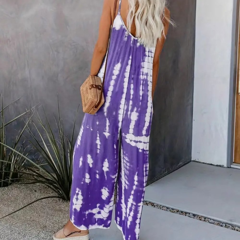 6X 5X 4X Plus Size Purple Tie Dye Sleeveless One Piece Casual Romper Jumpsuit - Picture 3 of 5